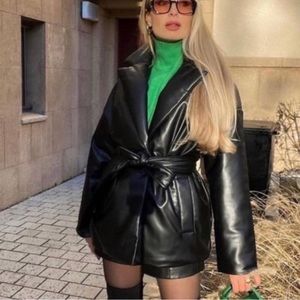 Faux leather belted puffy jacket